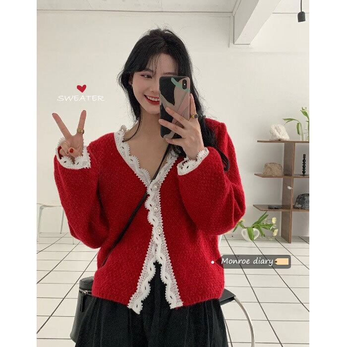 レッドセーター コート レディースルーズVネックカーディガンスプリングスタンダードショートニットトップス レトロ 春物 モンロー217876657