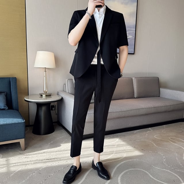 【予約販売】2点セット スーツ メンズ セットアップ 半袖ジャケット 変形デザイン 無地 男前 ブルー ブラック ホワイト 上下 パーティ お出かけ パーティー 二次会 結婚式 夏 M/L/XL/2XL/3XL