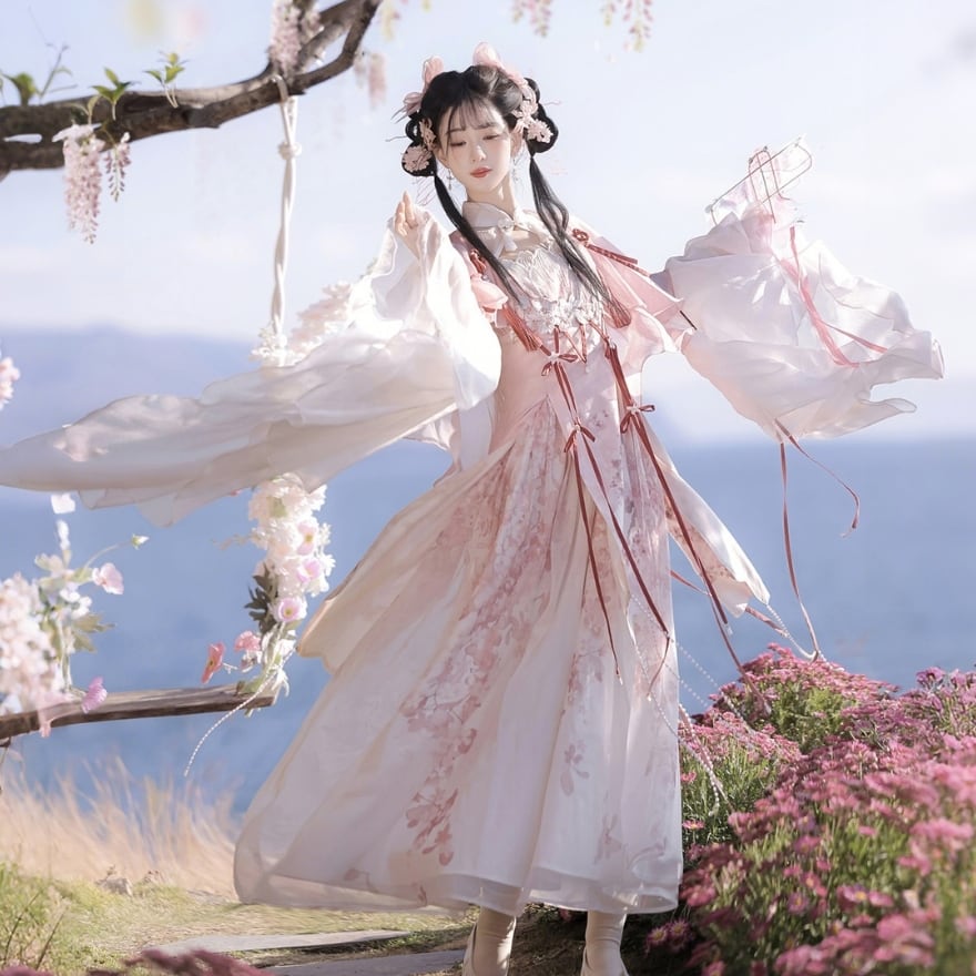 桃霞の花灯り 流麗ケープと姫袖の中華ロリータロングドレス3点セット