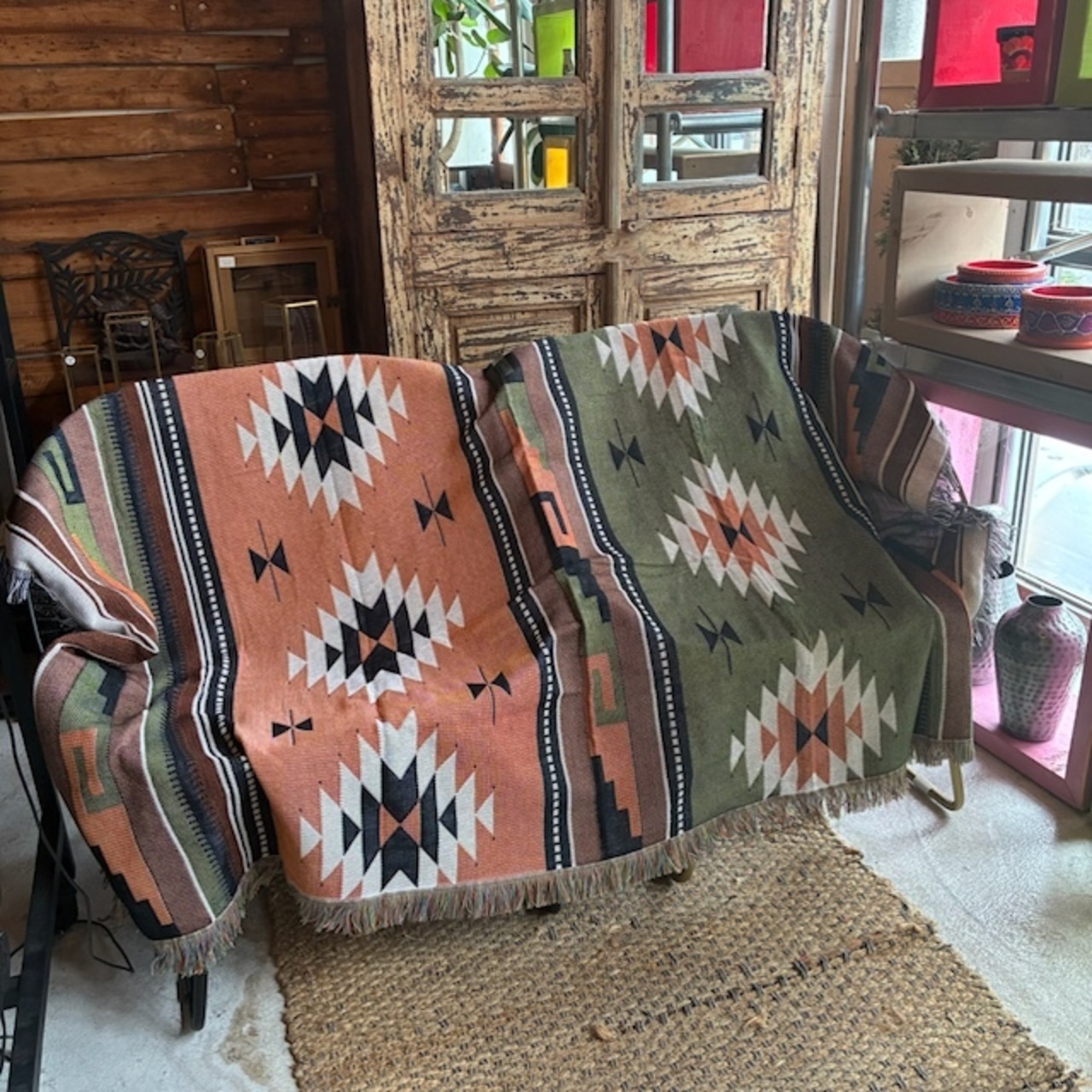 TOPANGA Homefurnishing Tribal throwket　トライバルスローケット　130×180cm　M　グリーン　オレンジ　ソファカバー　ベッドカバー　ブランケット　カーテン