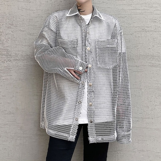 【Men】FISHNET SEE-THROUGH SHIRT JACKET 2colors Z-120