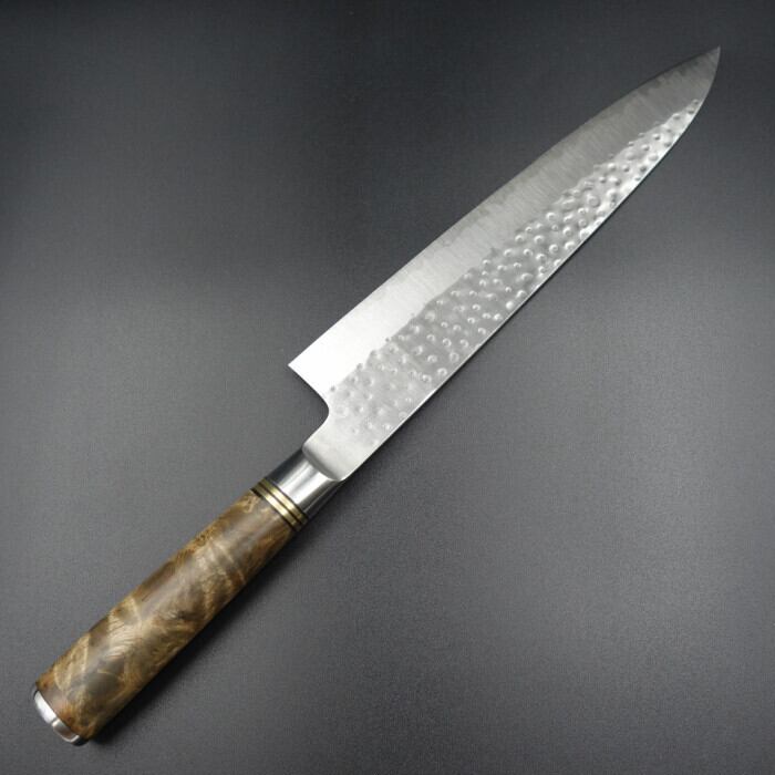 関　打刃物　寛丈　SG2 粉末ハイス 切付　和　牛刀 240mm 包丁　和包丁 佐治作 包丁 牛刀 R2粉末ハイス 240mm 花梨柄 鎚目打 越前打刃物