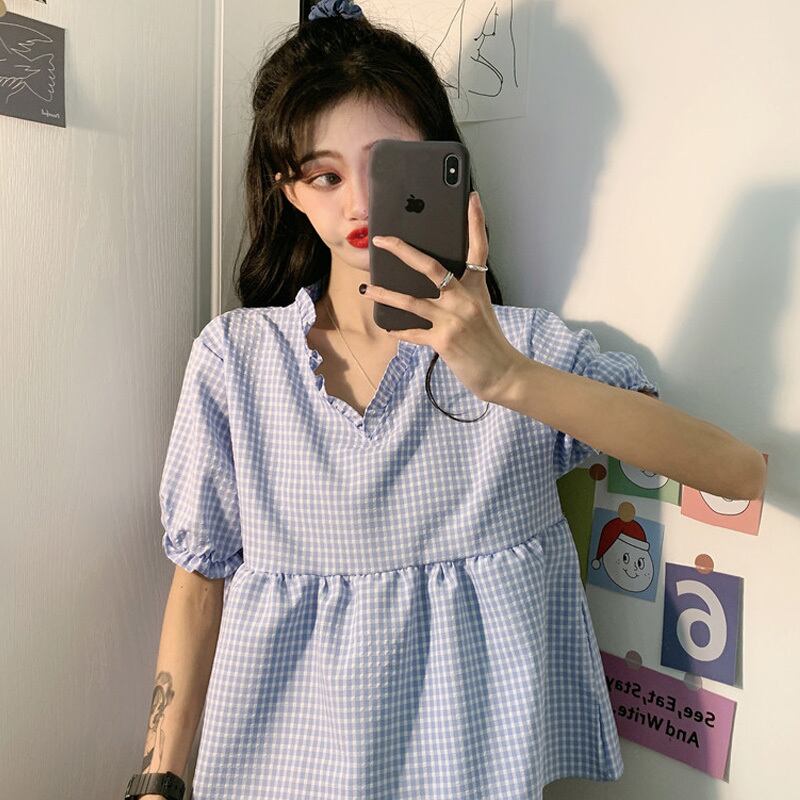 サマー格子柄トップス Vネックシャツ 夏物 萌量不足36831970319