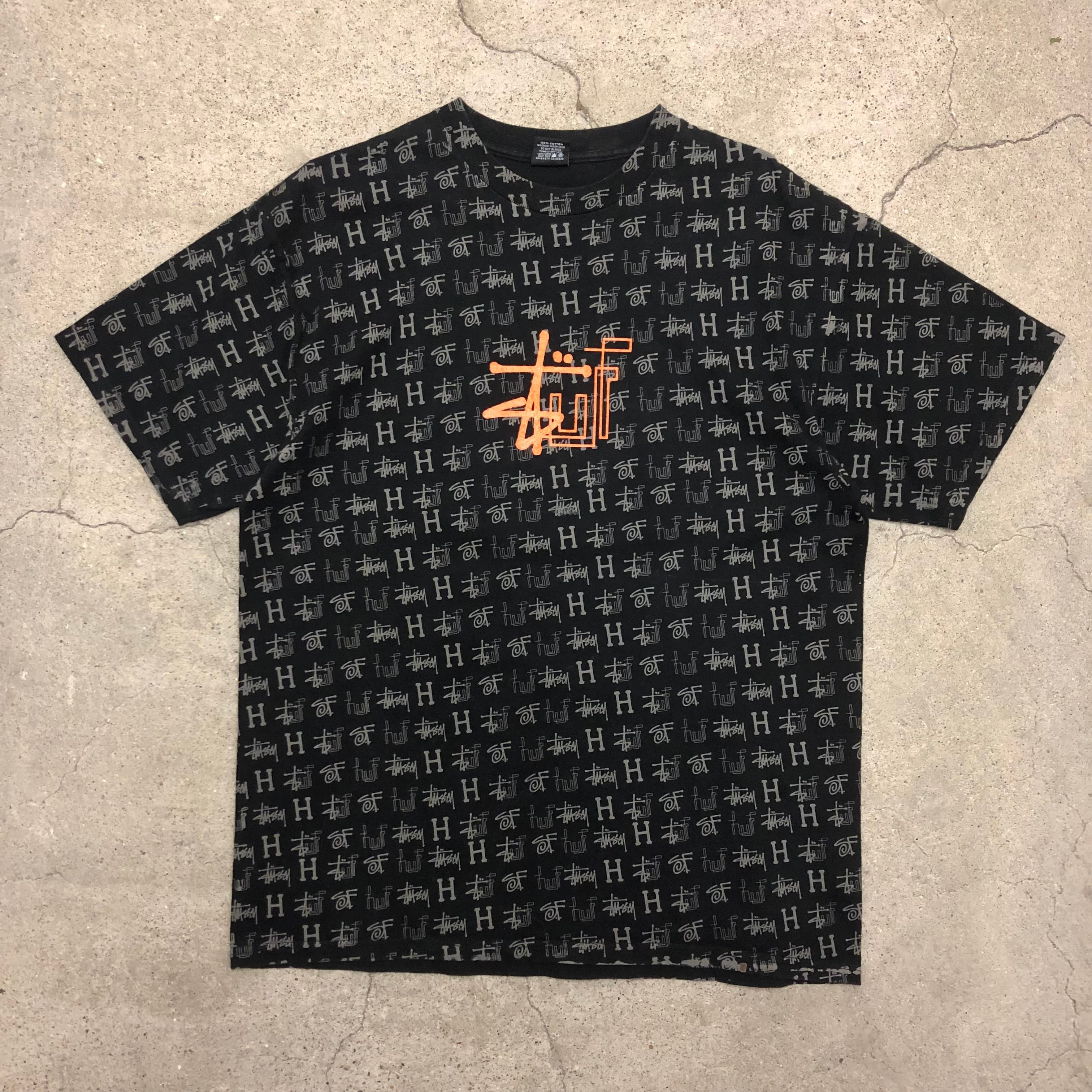 00s OLD STUSSY× HUF/Logo print Tee/L/ロゴプリントTシャツ/ブラック
