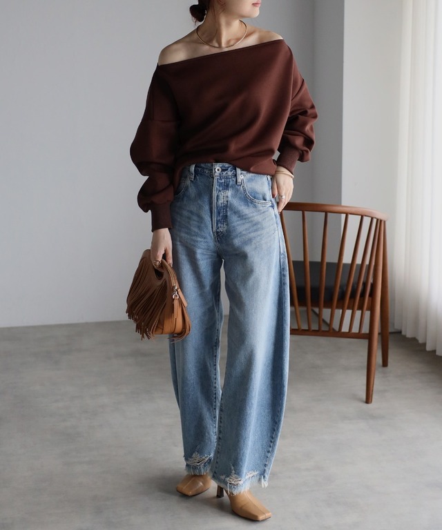 オフショルリブ袖カットソー