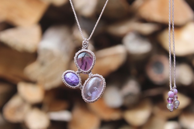 Fluorite & Charoite & Amethyst micro macrame pendant