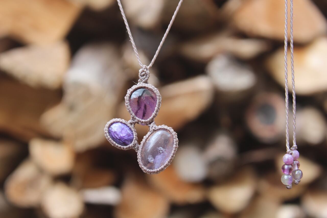 Fluorite & Charoite & Amethyst micro macrame pendant