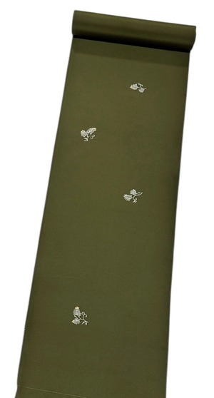 小紋着尺　飛び柄　苔色地 × 羊歯唐草文様