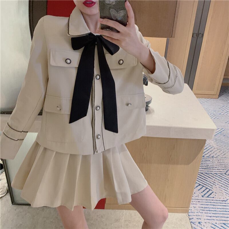 ボウノットスモールショートショートコートレディース2020年秋新作ルーズ長袖ブラックトップス ブラックストロベリース83640048778