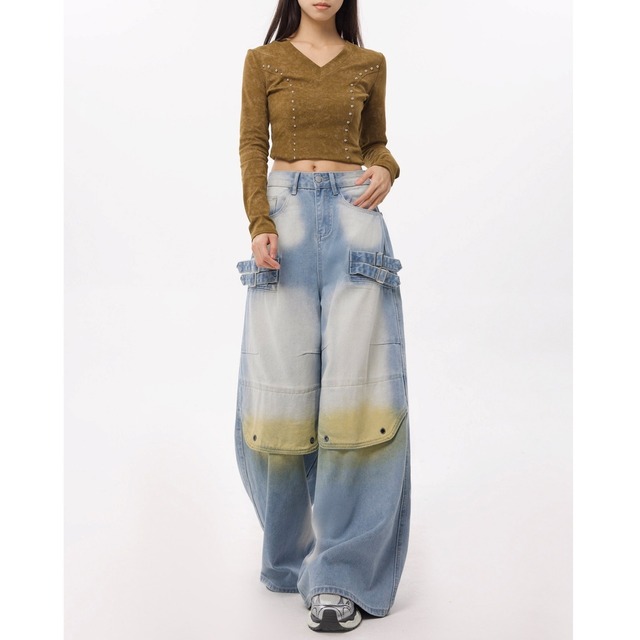 ダブルバックルフェードグラデーションルーズデニムパンツ 1col   R01873