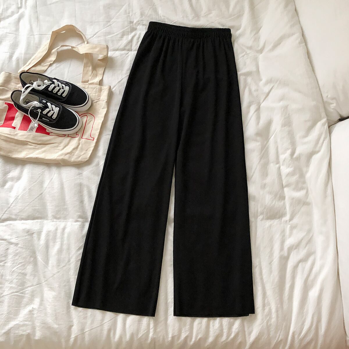 ブラックストレッチウェストカジュアルパンツ サマースタイルルーズ薄手 エラスティック 伸縮 夏物 クレセントシティ13525840250