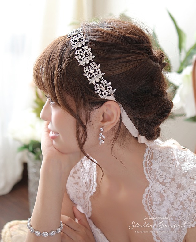 【受注生産品】スワロ使用 ブライダルリボンカチューム ハート・フイユ｜ウェディングヘアアクセサリー