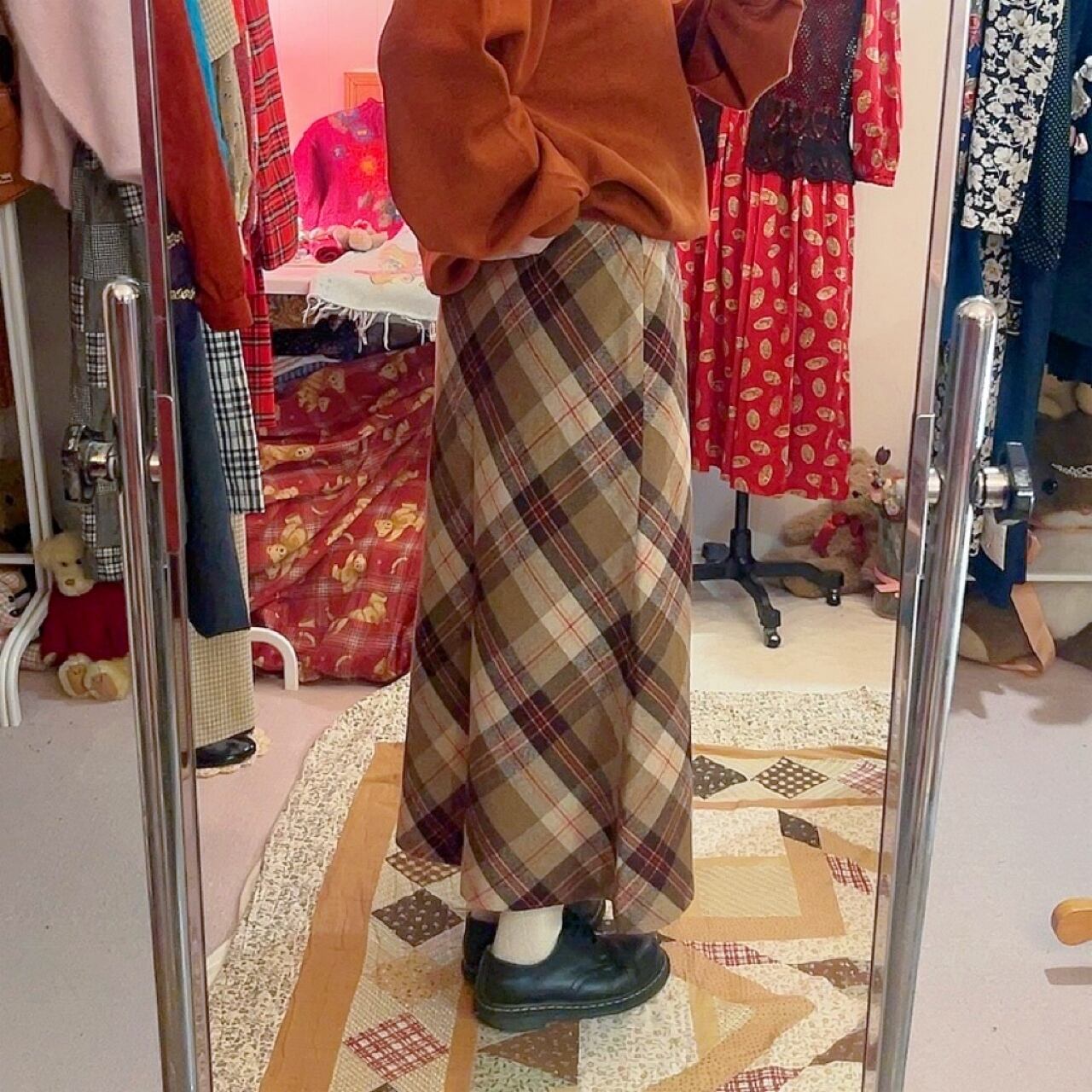 orange check wool long skirt