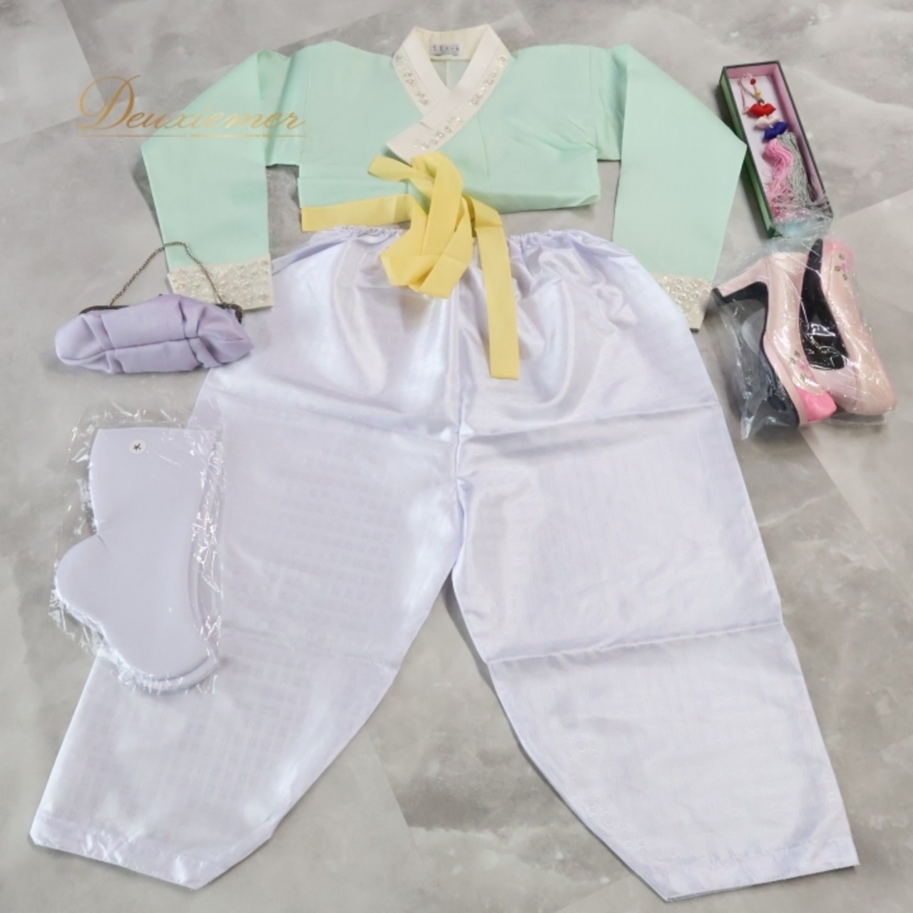 韓国伝統衣装 チマチョゴリ コスチューム 韓国 コリアン グリーン系 黄緑 パープル系 紫 薄ピンク 花柄 パステルカラー 一式 セット イベント チマ チョゴリ 文化衣装 着物 かわいい 9点セット フォーマル コスチュームセット