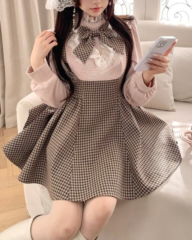 チェックリボンドッキングフリルワンピース 2508543