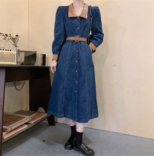 【送料無料】ワンピース デニムワンピース デニム 前ボタン フロントボタン 大きいサイズ S～5XL レディース 長袖 ロングワンピース ロング丈 ミモレ丈 ウエストマーク ベルト フェイクレザー 襟 襟付き フレア aライン 体型カバー 細見え 着痩せ 春 春服 秋服 秋ワンピ 大人 カジュアル 人気 韓国 おしゃれ 20代 30代 40代 50代 ブルー