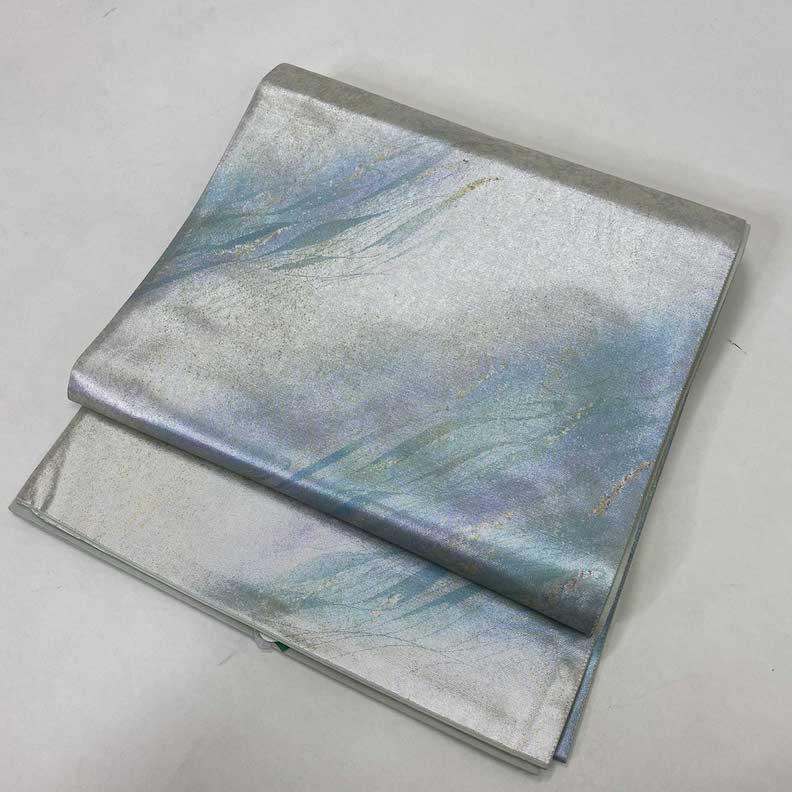 すごい値！袋帯 全通 正絹 未使用 グレイッシュピンク 白 グレー 流水  