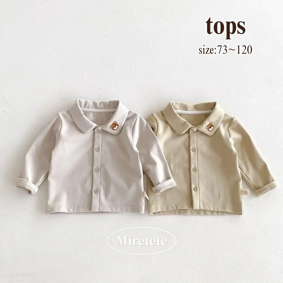 【取寄】ワンポイントくまさんがシンプル可愛いベア刺繍入り丸襟シャツ