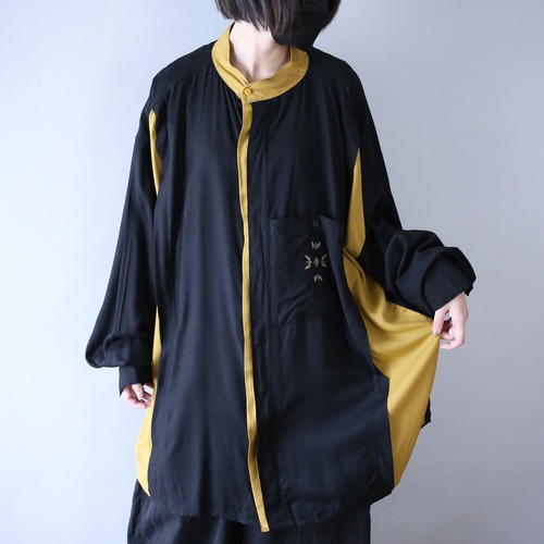 "刺繍" and bi-color switching fry-front band-collar over silhouette shirt