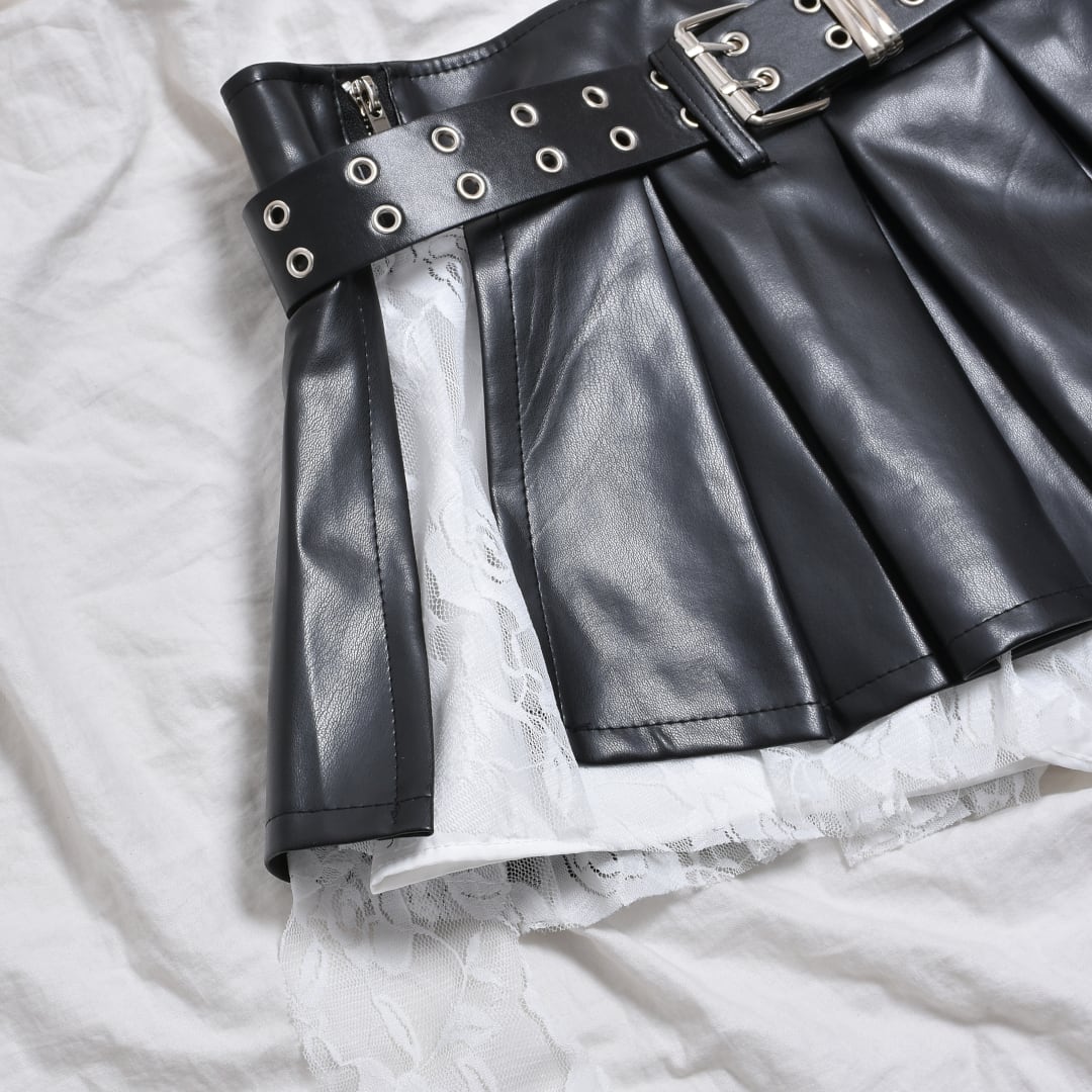 2点セット☆ベルト付き レースレイヤードレザースカート
