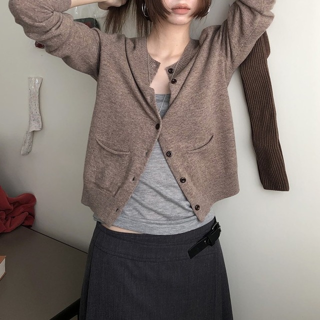 クルーネックポケットニットカーディガン 3color [am03958]