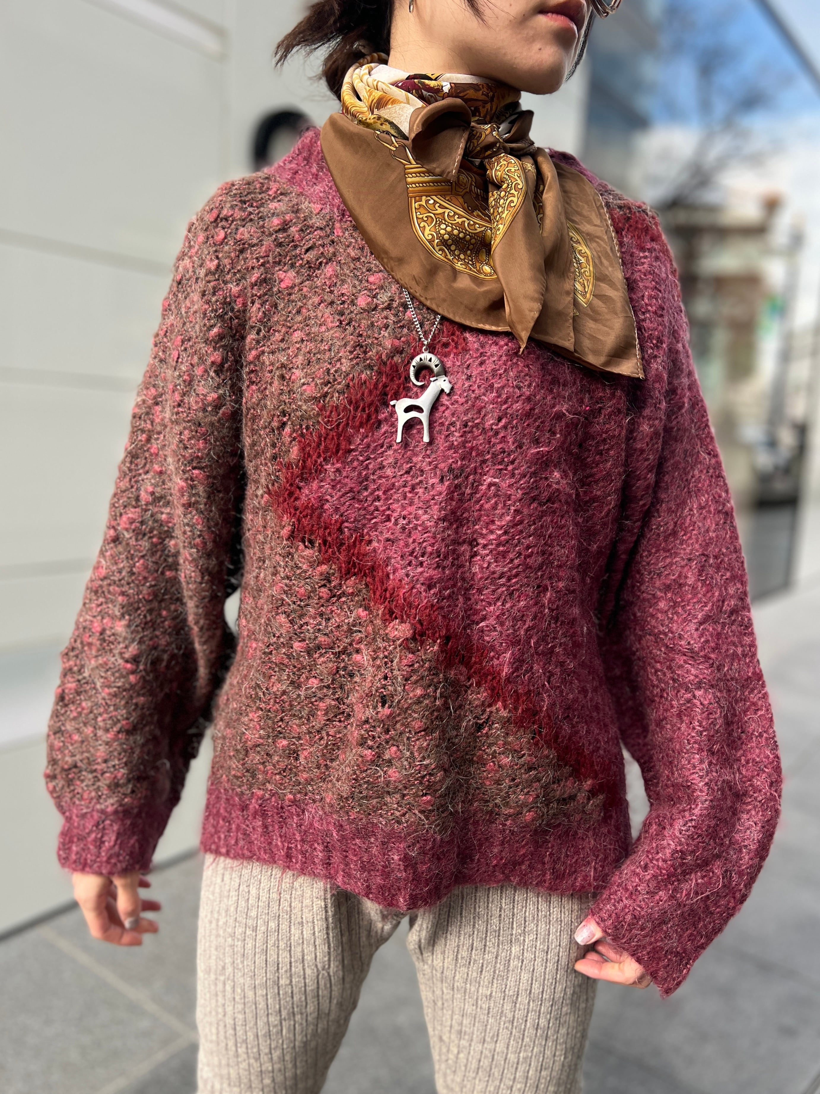 80s Ireland raspberry pink × ashbrown mohair hand sweater ( ヴィンテージ アイルランド ラズベリーピンク × アッシュ ブラウン モヘア セーター )