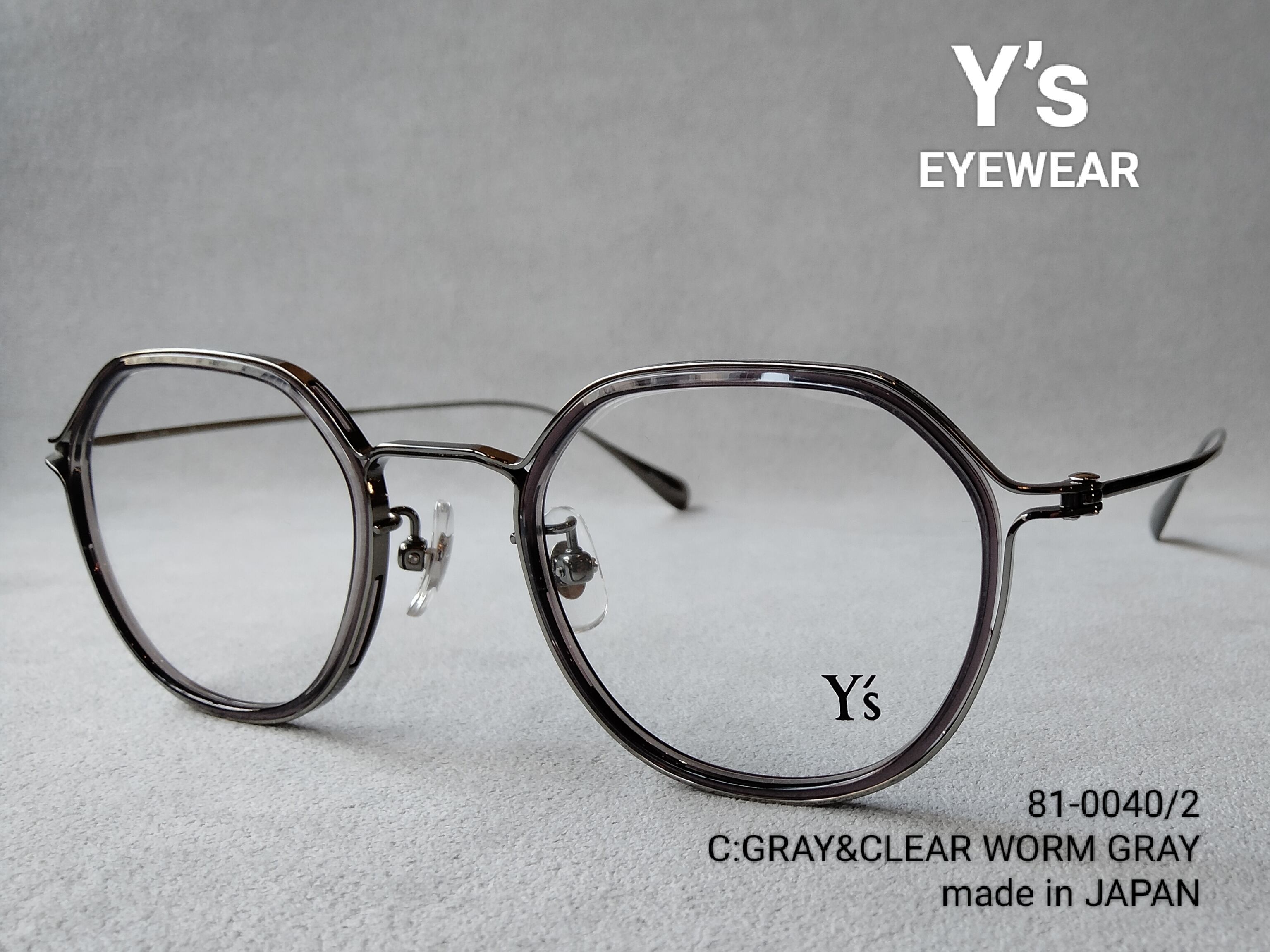 Y's ワイズ  眼鏡 メガネ フレーム  81-0040-3 48サイズ Y's (ワイズ) EYEWEAR 81-0040-2 // GRAY & CLEAR WORM GRAY ［made in