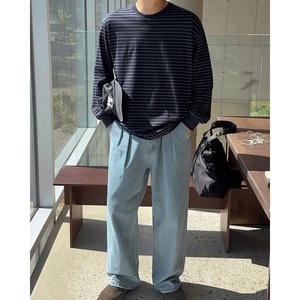 シンプルベーシック細ボーダーロングTシャツ　1324