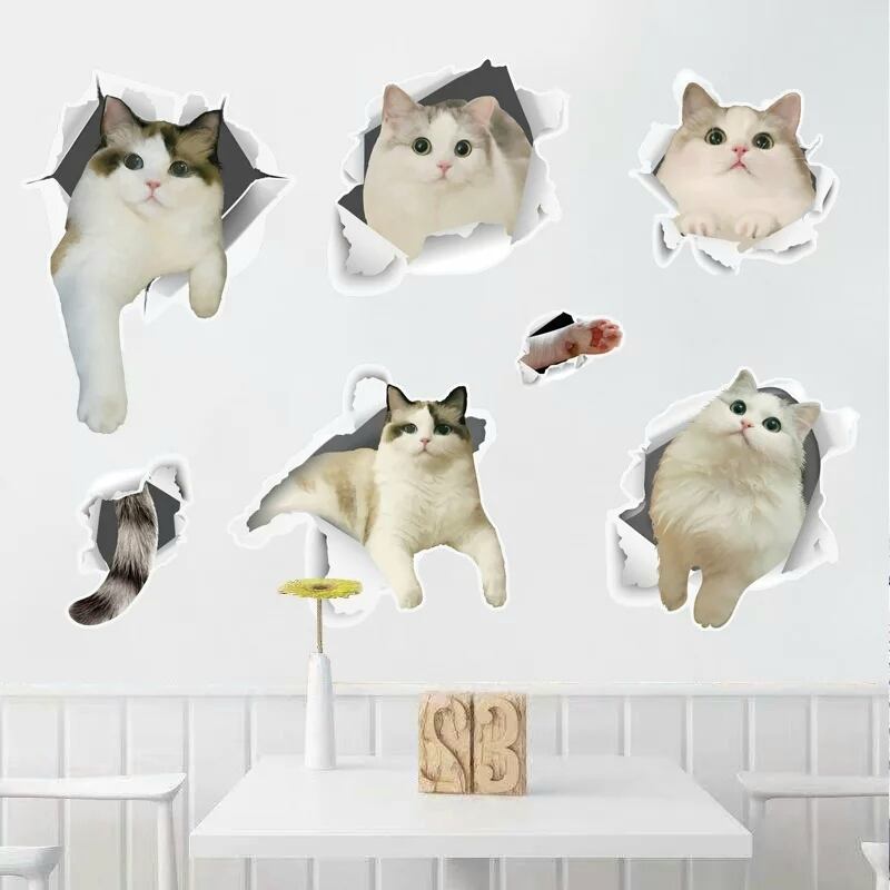 壁から飛び出る猫の3dウォールステッカー5頭 Aセット 即納 百猫堂 Momonekodo