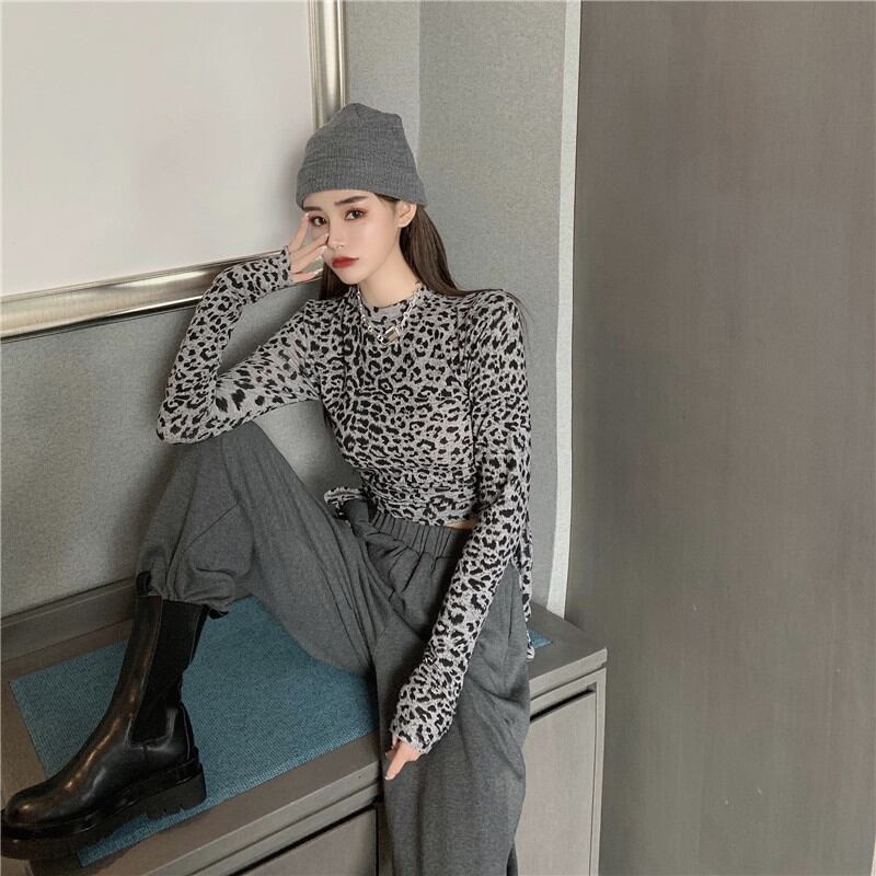 タイトフィットストレッチハーフハイネックヒョウ柄長袖Tシャツレディース2020年秋新作スリムフィットインナーベースシャツトップス ブラックストロベリース98631243428