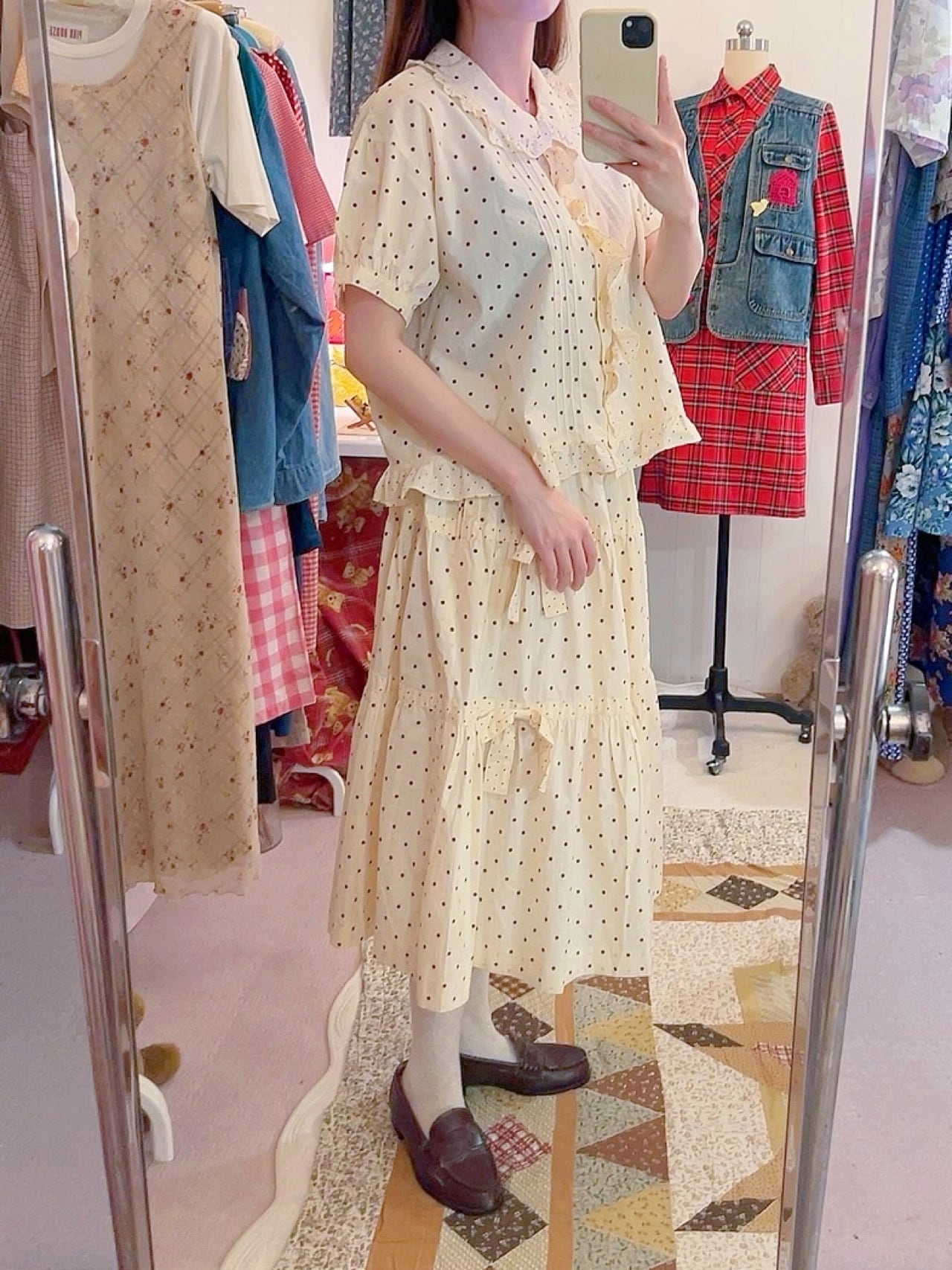 cream brown dot blouse & skirt set up