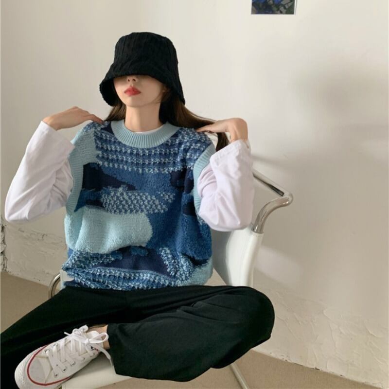 レトロな不規則なジャカードカラーマッチングセータートップ女性2020秋新しいミドル丈セーターベストベスト ブラックストロベリース87565744700