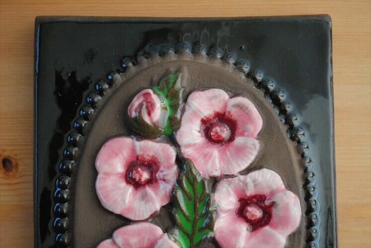 スウェーデン製 JIE GANTOFTA 陶板 ジイガントフタ ピンクの花 北欧
