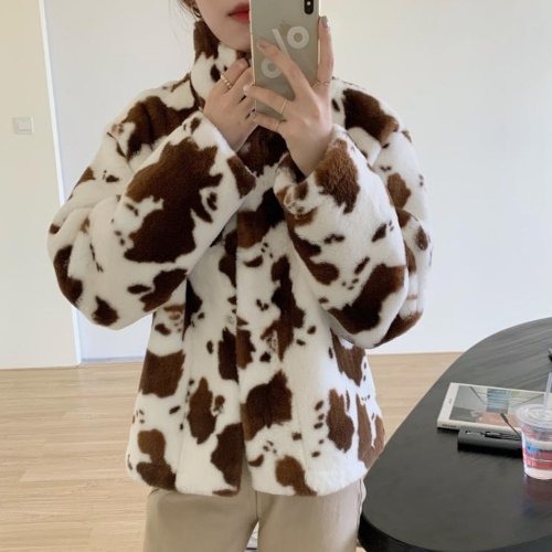 ファーコート レディース ショート丈 牛柄 フェイクファー 秋冬新作 アウター 韓国 ファッション アニマル カジュアル ファーコート レディース ショート丈 牛柄 フェイクファー 秋冬新作 アウター