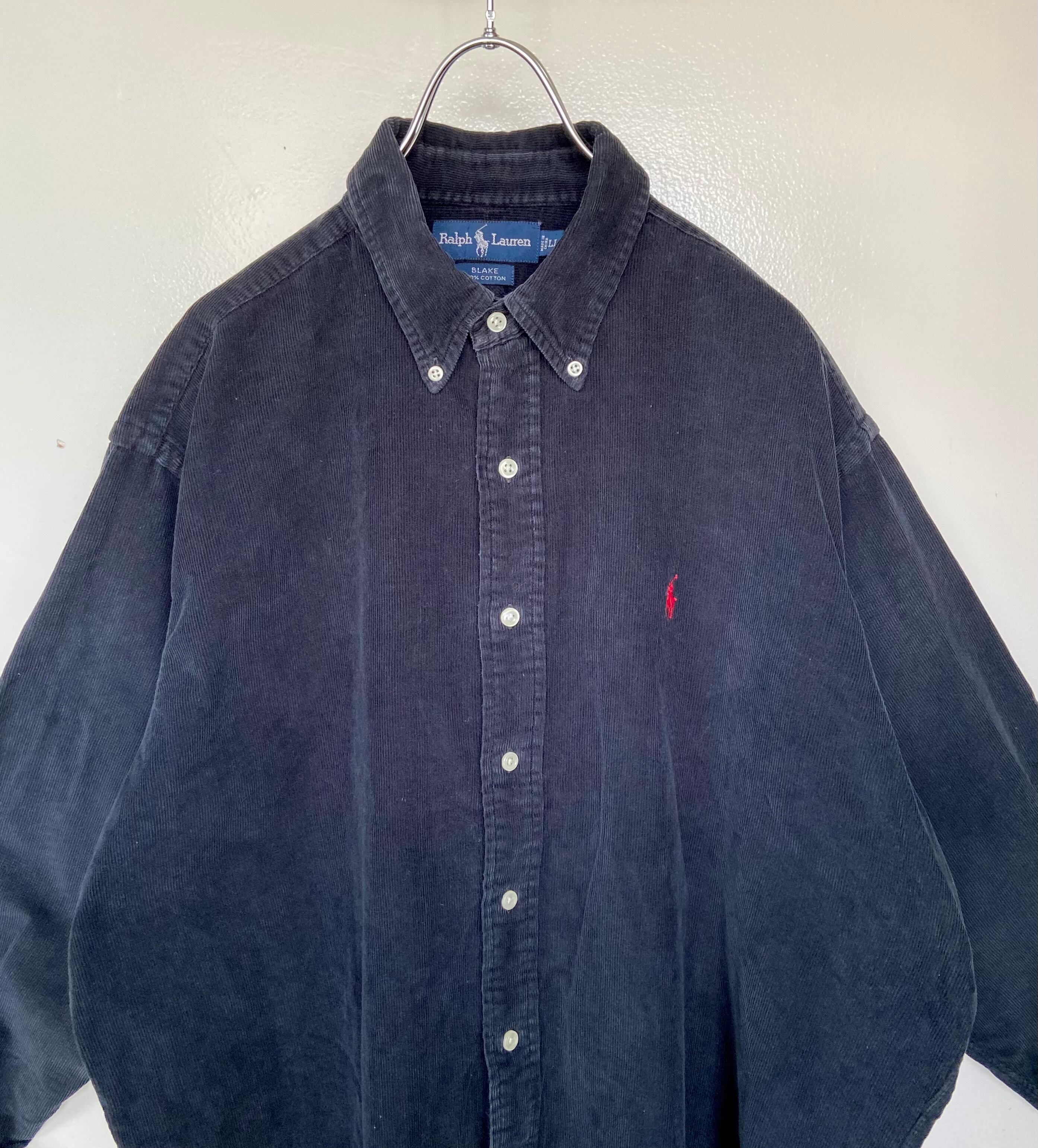 90s古着 POLO RALPH LAUREN/ラルフローレン 黒 コーデュロイ 長袖シャツ 刺繍ロゴ オーバーサイズ