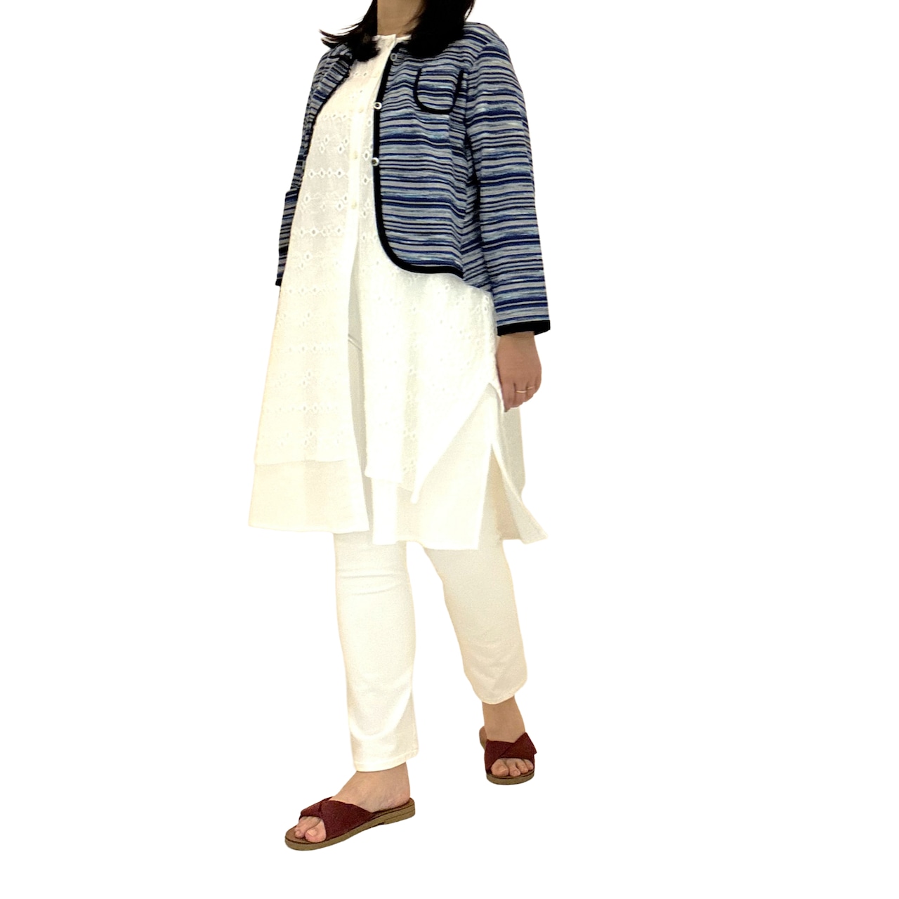 絣タックボーダーカーディガン【260-2217】Tucked border cardigan