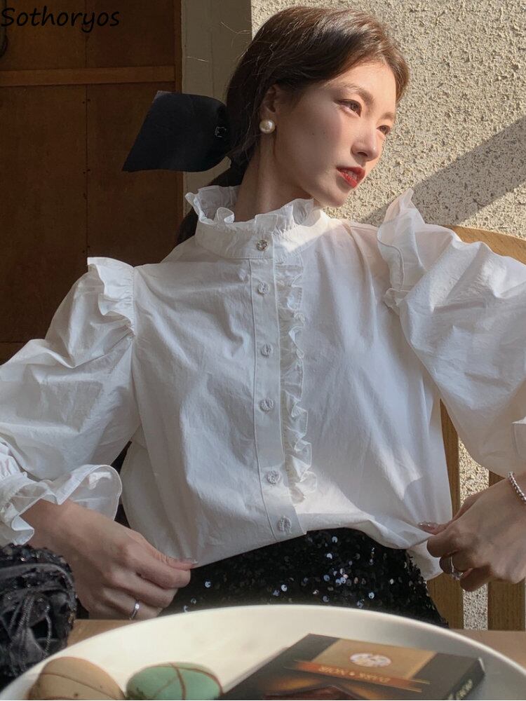 【新作】【送料無料】 シャツ女性フリルエレガントソリッドハーフハイカラーフレンチスタイルオールマッチ創造性シンプルなレディースレジャー人格春 0255557891684