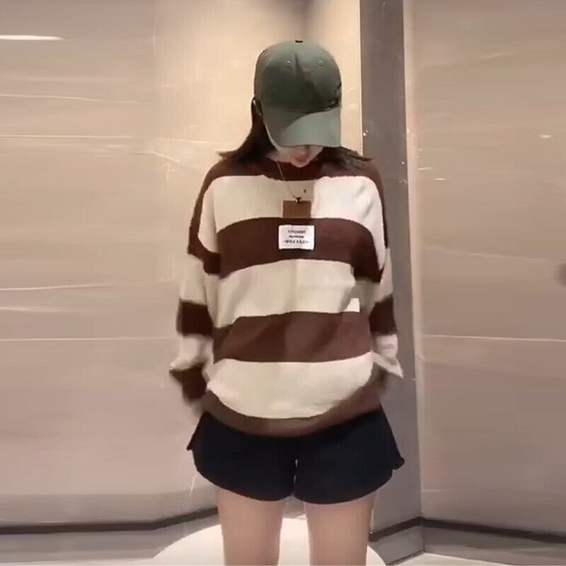 ラージサイズレディースルーズベリーカバー長袖ストライプセーターラウンドネックTシャツミドル丈ファットmmトップニットセーターレディーストレンド ミックスインファッション55014625279