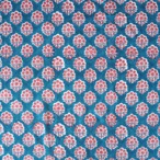 ブロックプリント生地【50cm単位】インド綿  花柄B ブルー×ピンク #24455-BL2