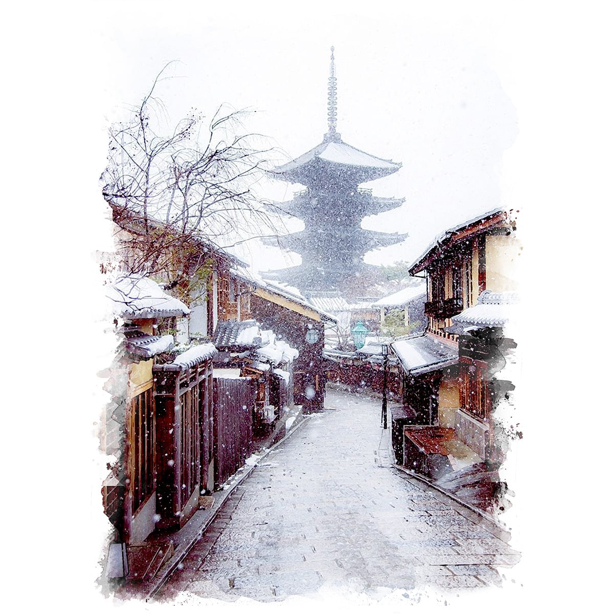 絵画 日本 京都府 冬 雪が降る八坂の塔 風景画 インテリアアート額付き 