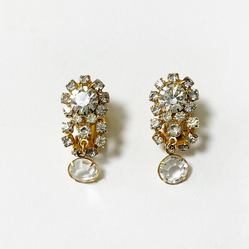 Vintage Gold Tone Metal & Clear Bijoux Earrings