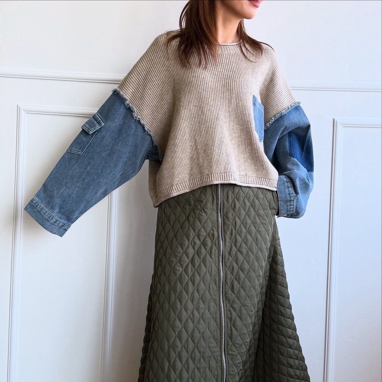 ミカーレミカーレ MICALLEMICALLE デニムドッキングクルーネックプルオーバー