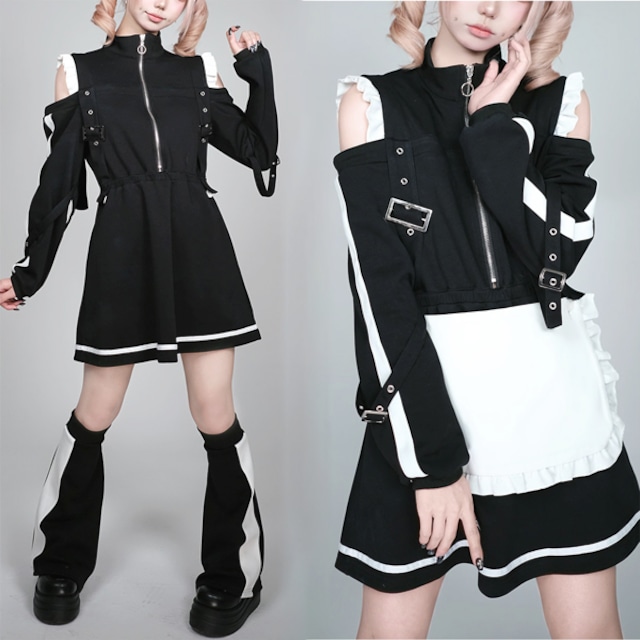 ダークスポーツメイド ハーネスブラックワンピースセット(レッグカバー付き)(lli_6801)