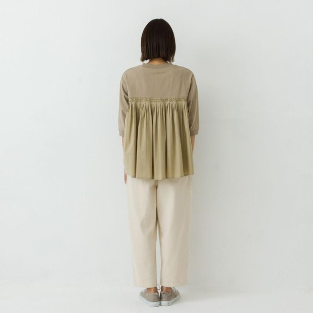 kermu（ケルム）リサイクルコットン バック布帛切替7分袖Tシャツ