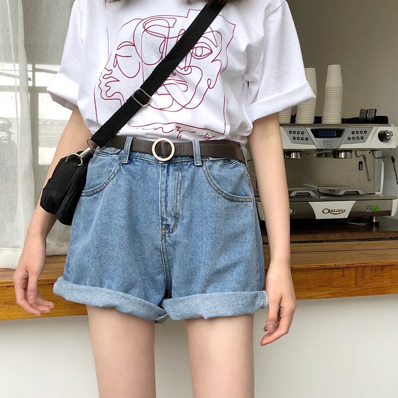 2020年夏の新しい香港フレーバーシックな学生が手でボタンを押したハイウエストウォッシュドワイドレッグデニムショーツレディースフリーベルト YY-ファッション77722049122