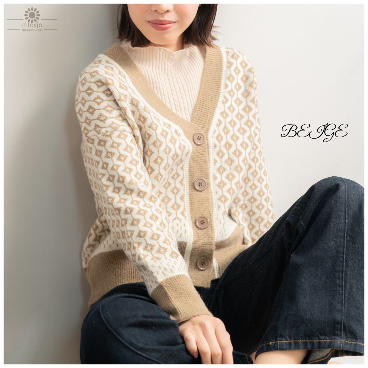 M.&KYOKO 鬱陶し モノクロ幾何学模様カーディガン 