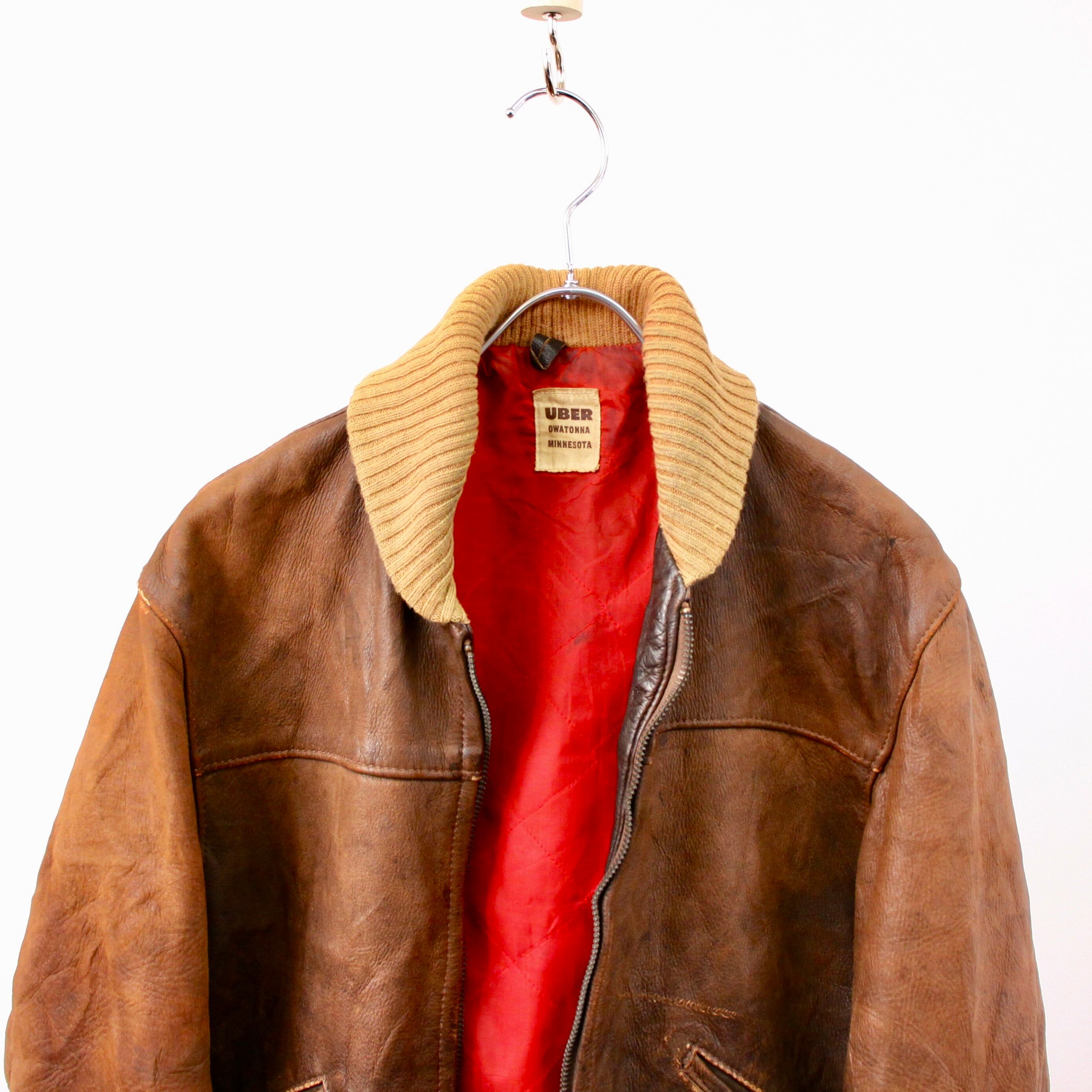 1266. 1970's shawl collar leather jumper ブラウン レザージャケット