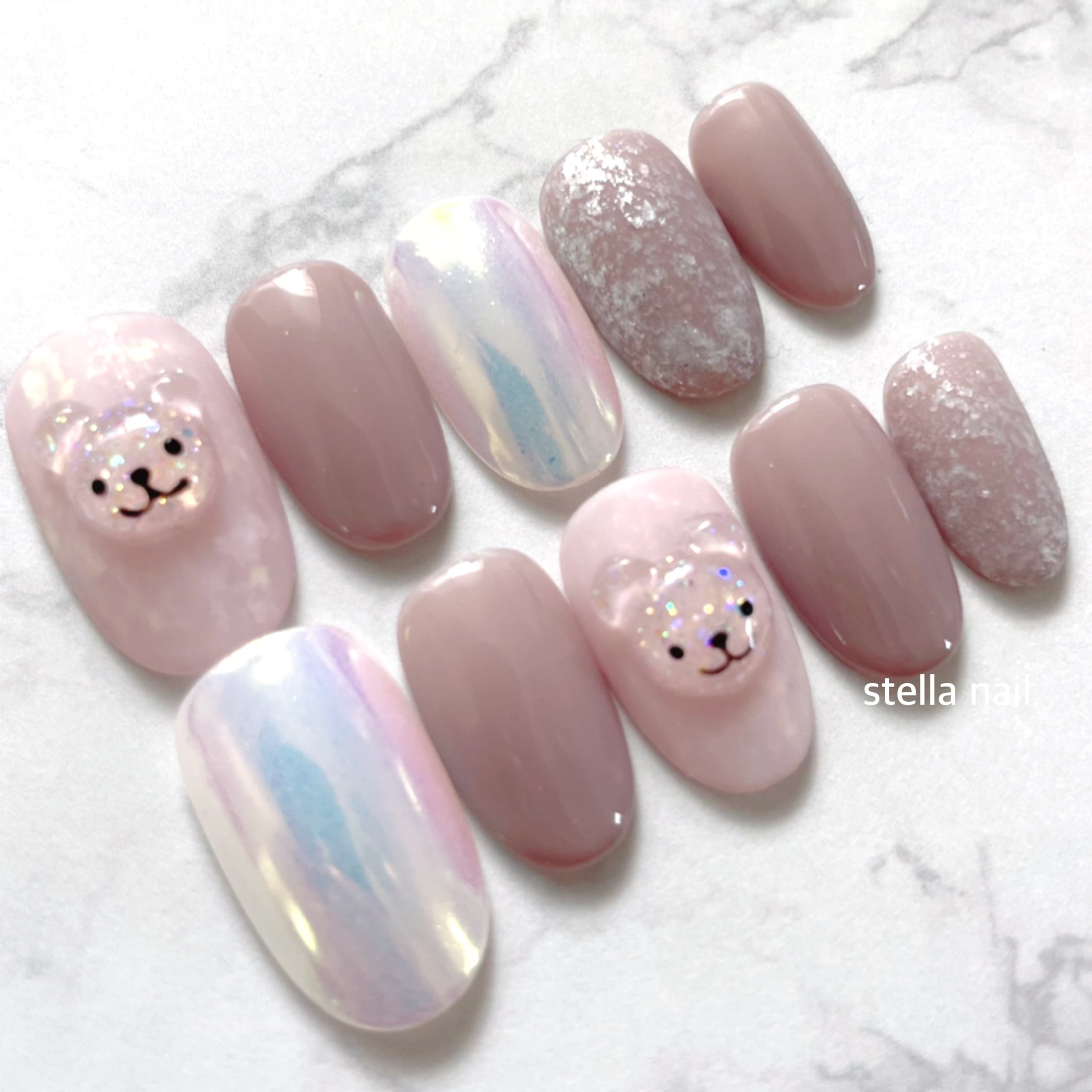 ネイルチップニュアンスマグネットくまさんリボンミラーハートフレンチ971 ネイルチップニュアンスマグネットくまさんリボンミラーハートフレンチ971