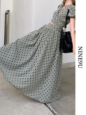 blouse＆long-skirt dot checked 2set【NINE7700】