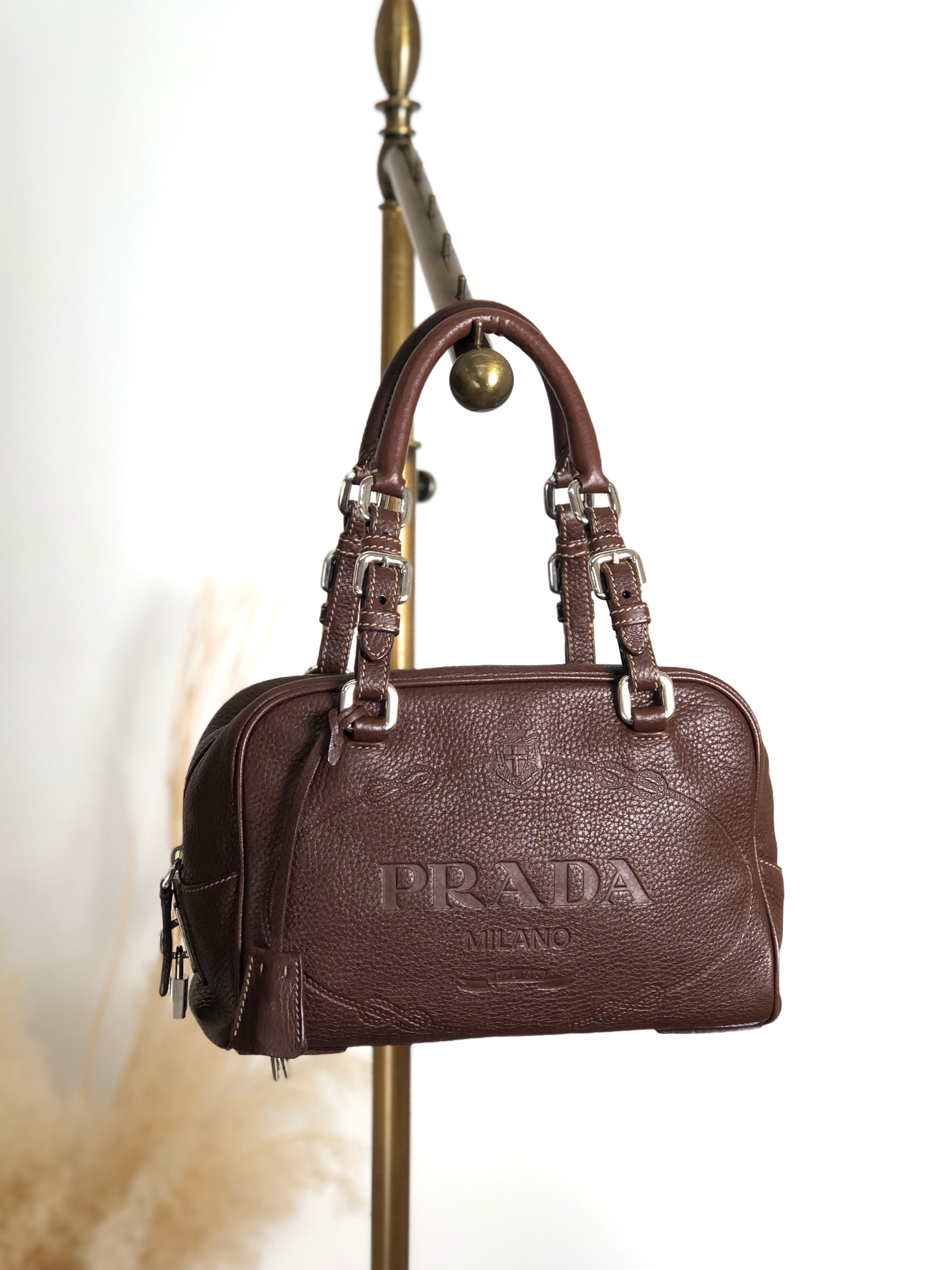 PRADA プラダ ハンドバッグ ブラウン ロゴ レザー ボストン